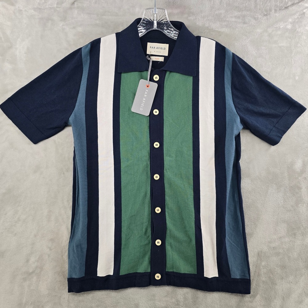NWT Far Afield Mens S Cardigan Navy Green Veizy Neto Stripe Organic Cotton